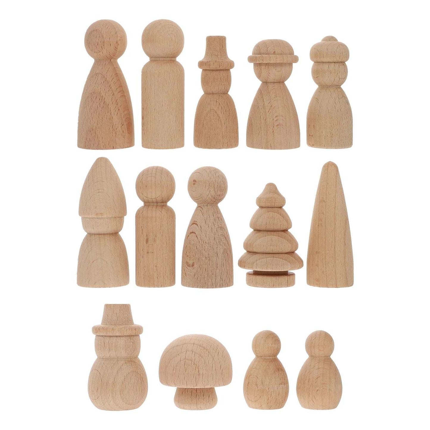 Kids wooden painting decoration craft toy set with various blank wooden peg people figures for DIY projects.
