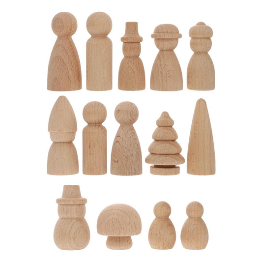 Kids wooden painting decoration craft toy set with various blank wooden peg people figures for DIY projects.