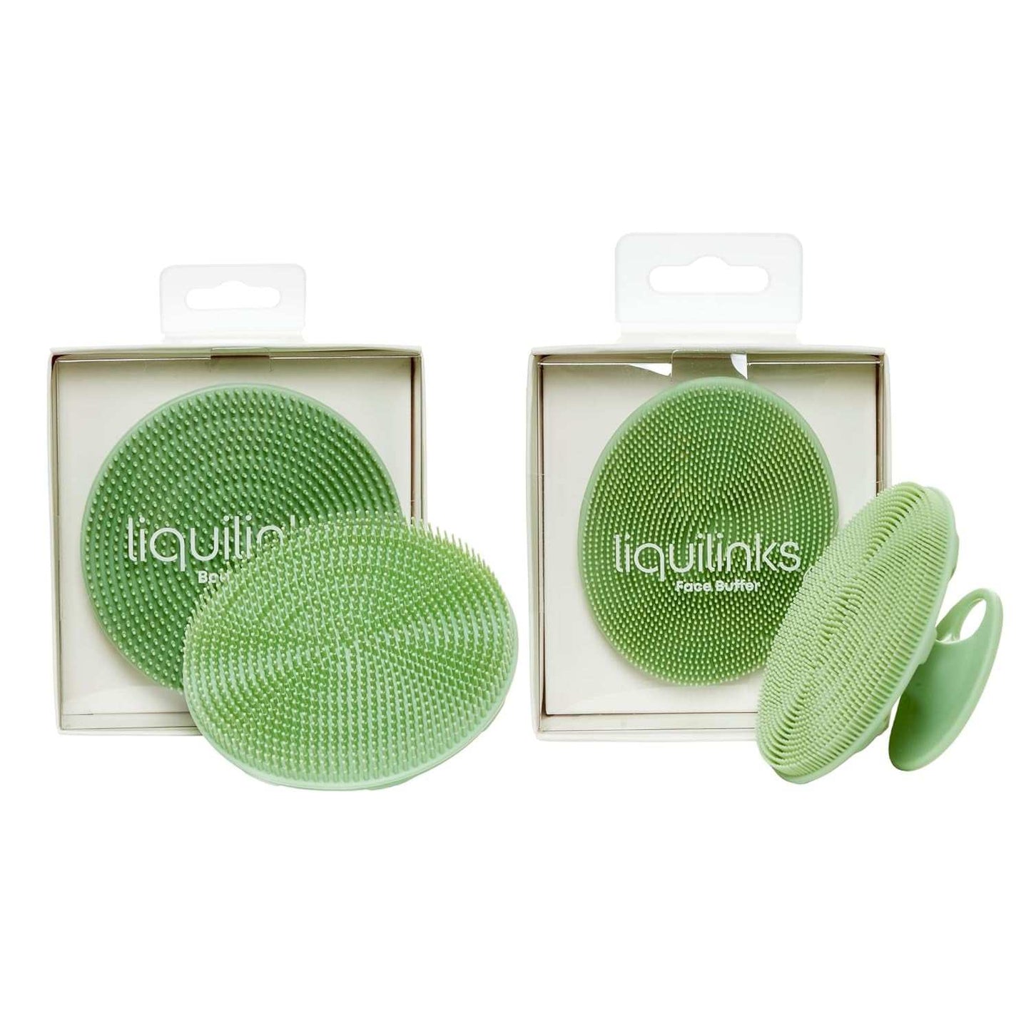 Sage green skincare spa set with silicone body and face buffers for teen girls.