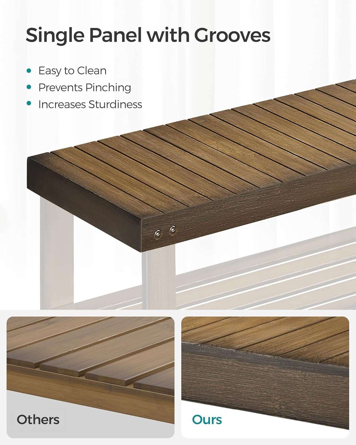 Stylish three-tier bamboo shoe rack bench with grooved single panel for entryway, bathroom, and bedroom.