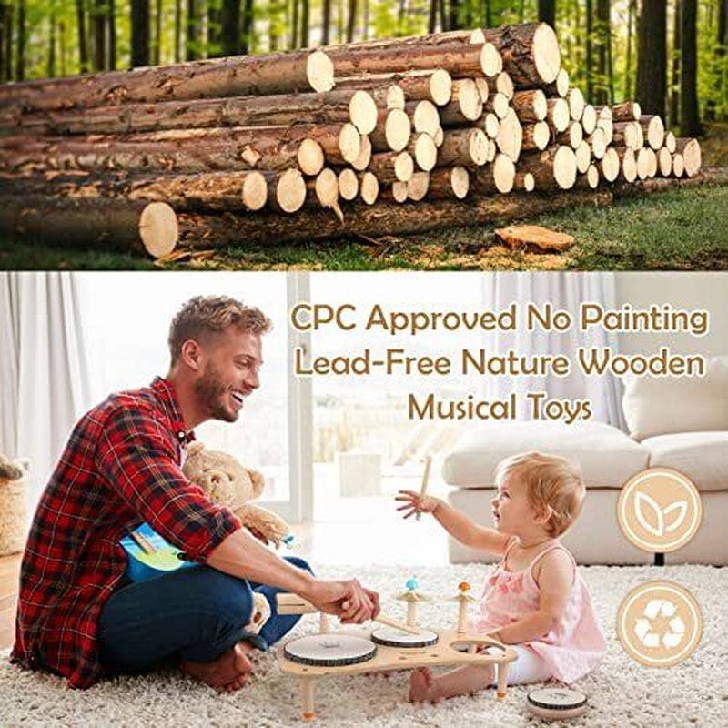 Kids playing with a wooden drum set in a natural setting, featuring colorful, child-safe design for early musical education and fine motor skill development.