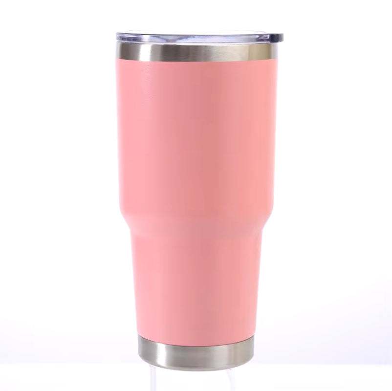 Pink stainless steel travel tumbler with secure lid and double-wall insulation.