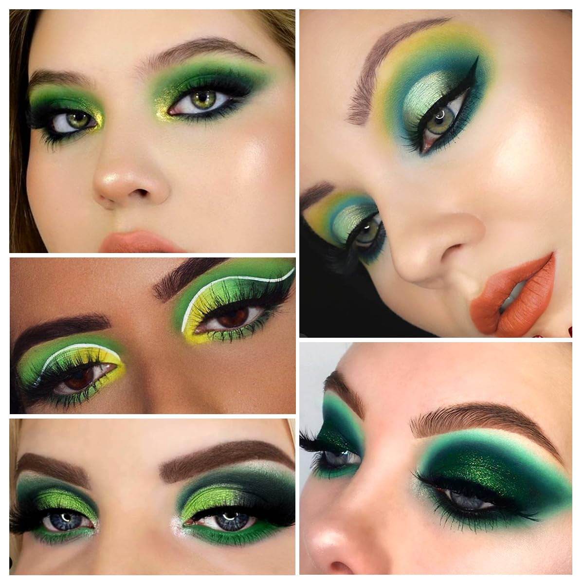 Vibrant emerald green eyeshadow looks created with a diverse palette of 25 shades, including matte, shimmer, and glitter finishes.