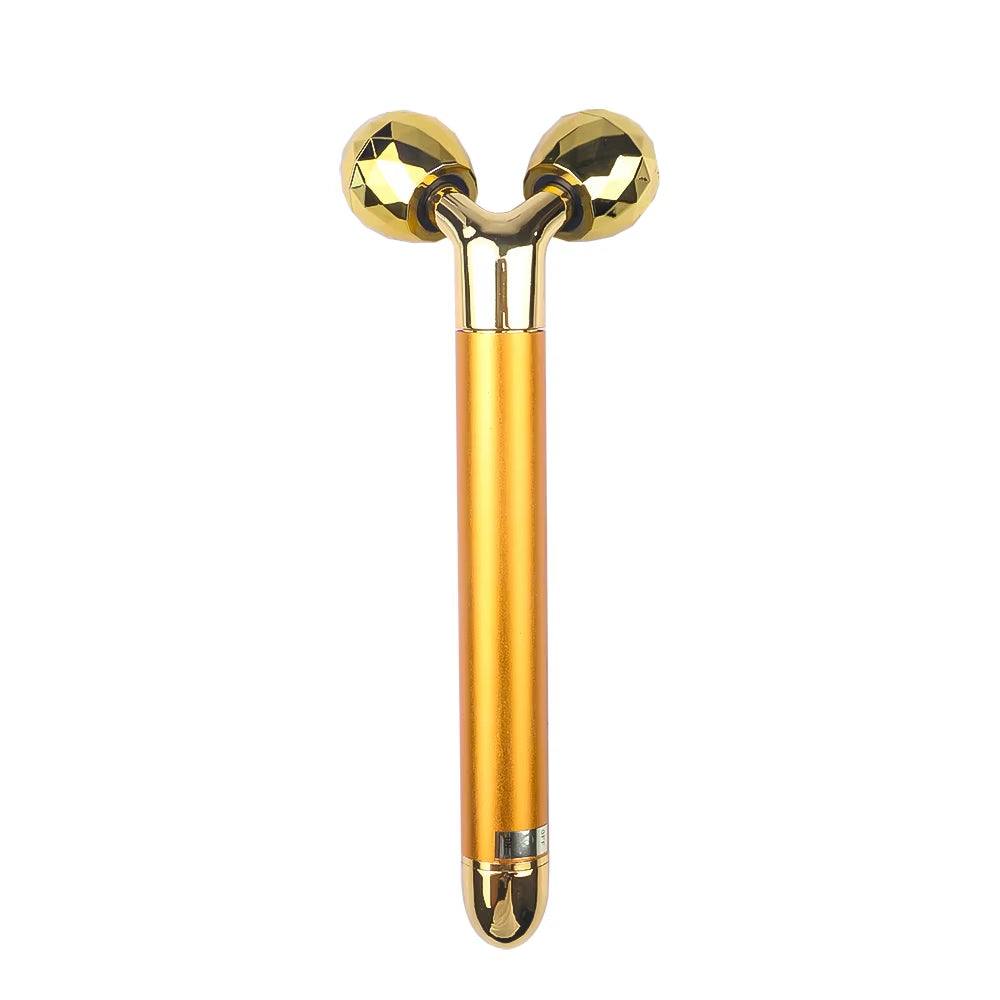 3D roller massager with dual rotating rollers and ergonomic gold design for facial massage.