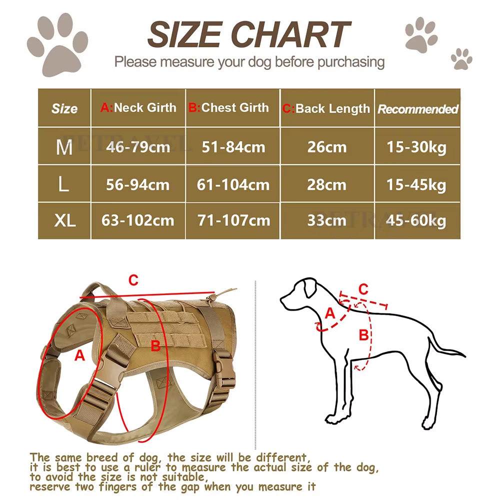 Tactical dog harness for medium to large dogs with adjustable fit, reflective strips, MOLLE webbing, and durable nylon material.