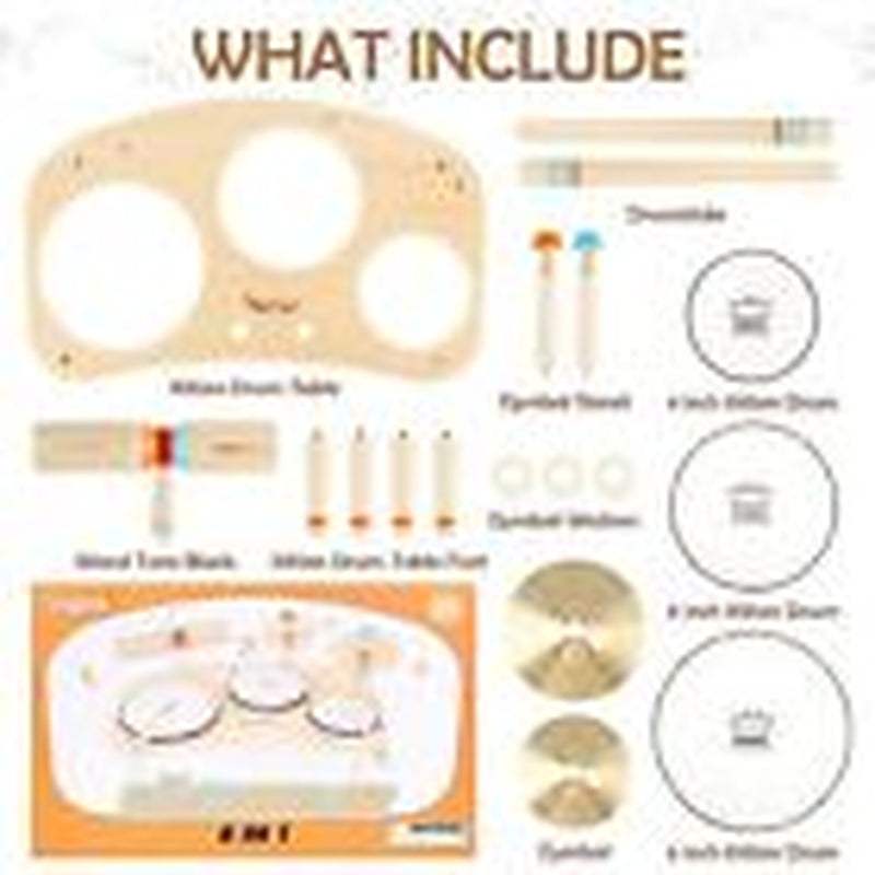 Kids wooden drum set with multiple instruments, colorful design, and safe construction for ages 1-3. Ideal for musical education and creative play.