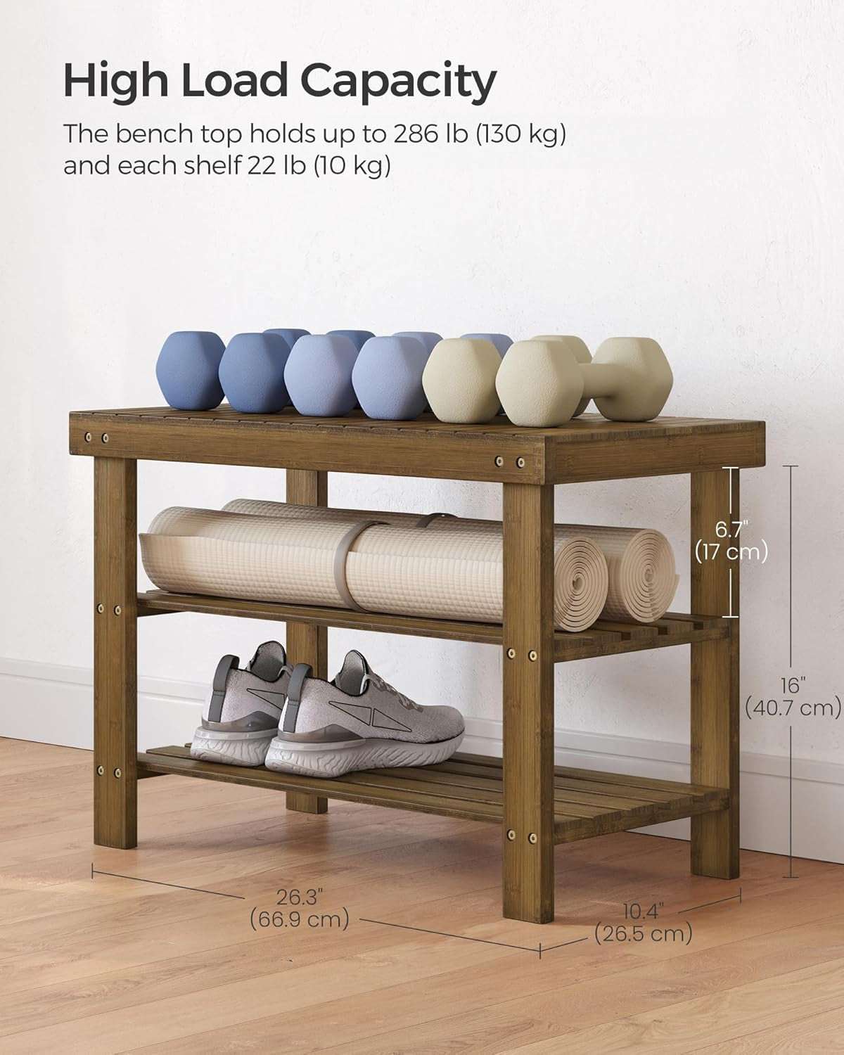 Stylish three-tier bamboo shoe rack bench with high load capacity, perfect for entryway storage and seating.