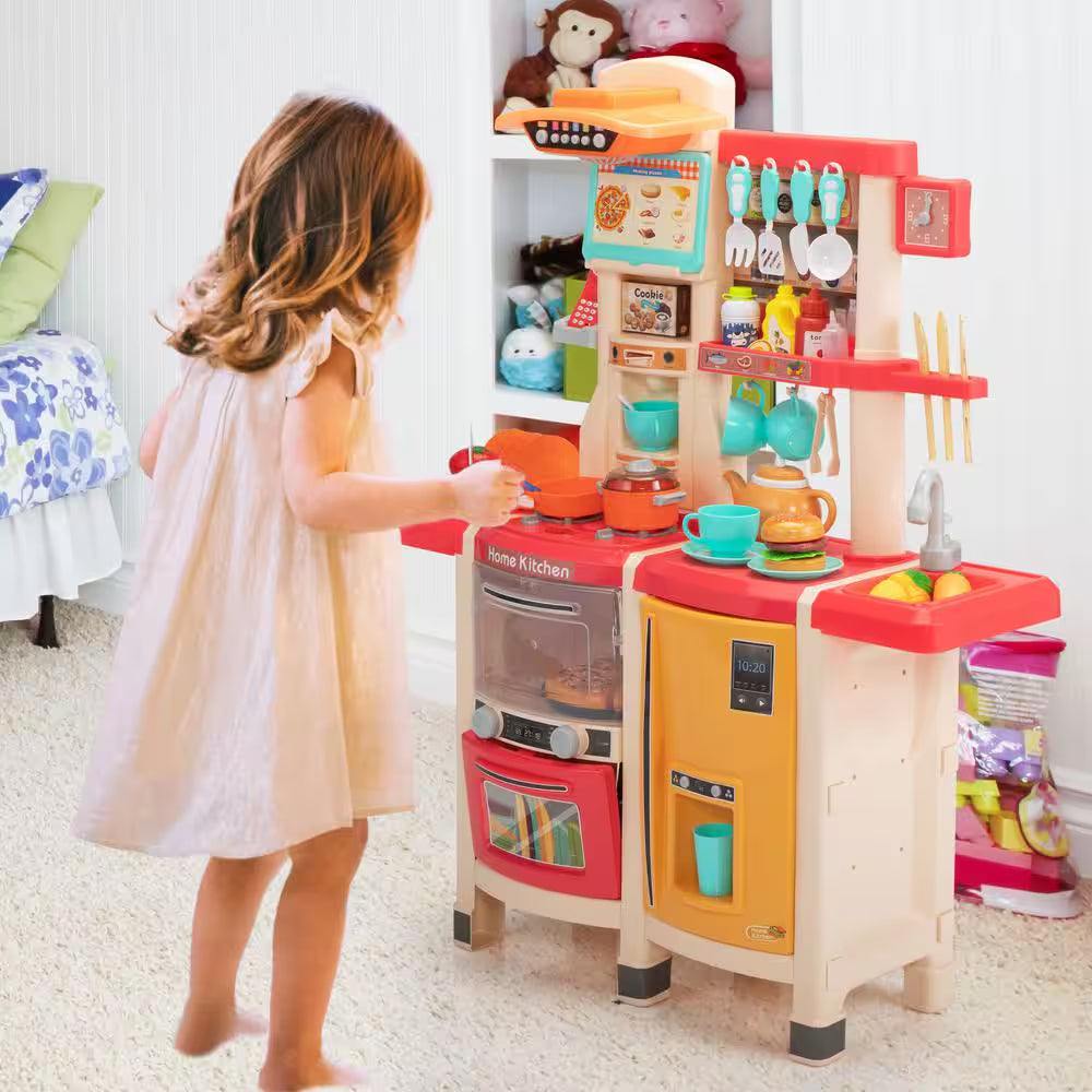 Kids kitchen playset with pink design, featuring realistic cooking accessories for imaginative play and skill development in children.