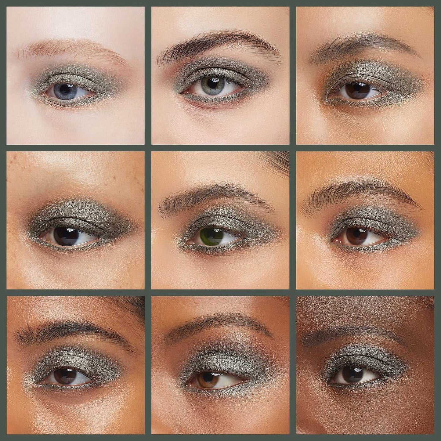Ultra-pigmented eyeshadow in metallic gray applied on diverse eye shapes and skin tones showcasing vibrant, long-lasting color.