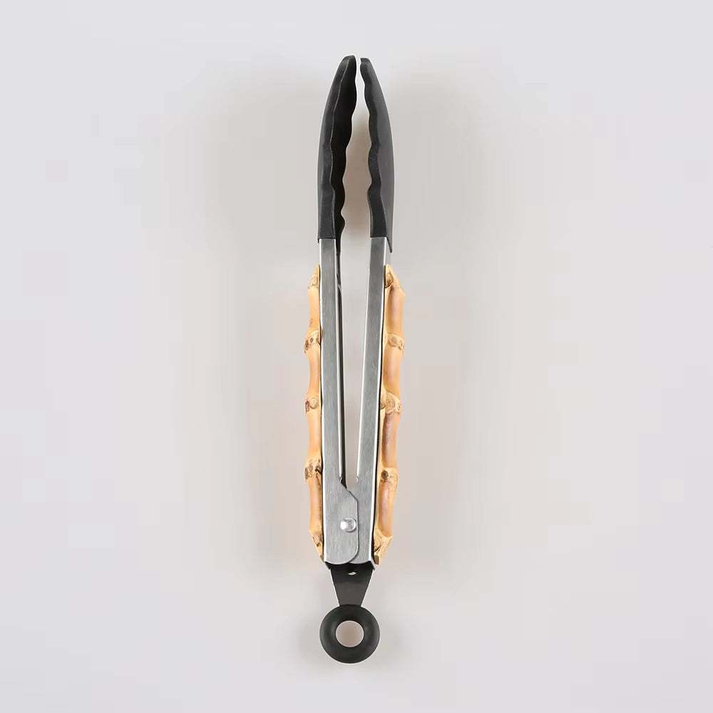 Bamboo kitchenware root kitchen tongs with silicone tips, eco-friendly and heat-resistant design.
