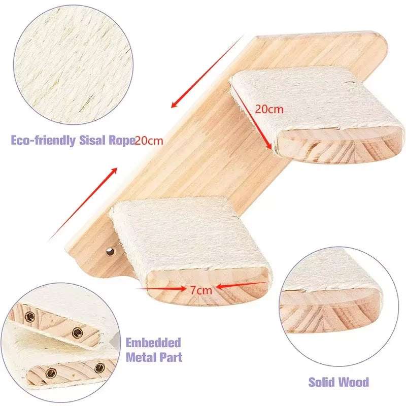 Eco-friendly cat climbing shelf with solid wood and sisal rope design, featuring secure, reversible installation for active cats.