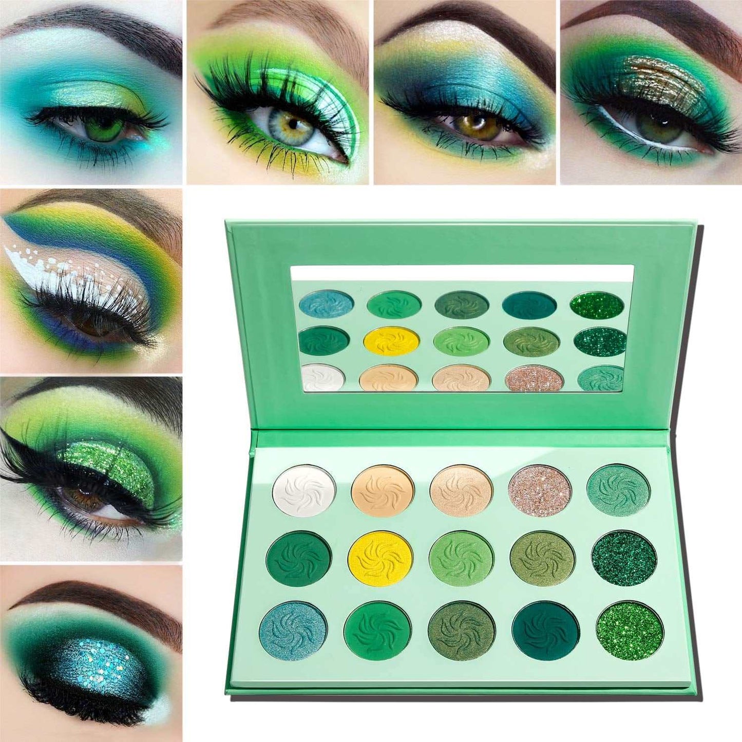Green Eyeshadow Makeup Set with 15 pigmented eyeshadow shades in matte, shimmer, and glitter finishes; perfect for bold, festive looks.