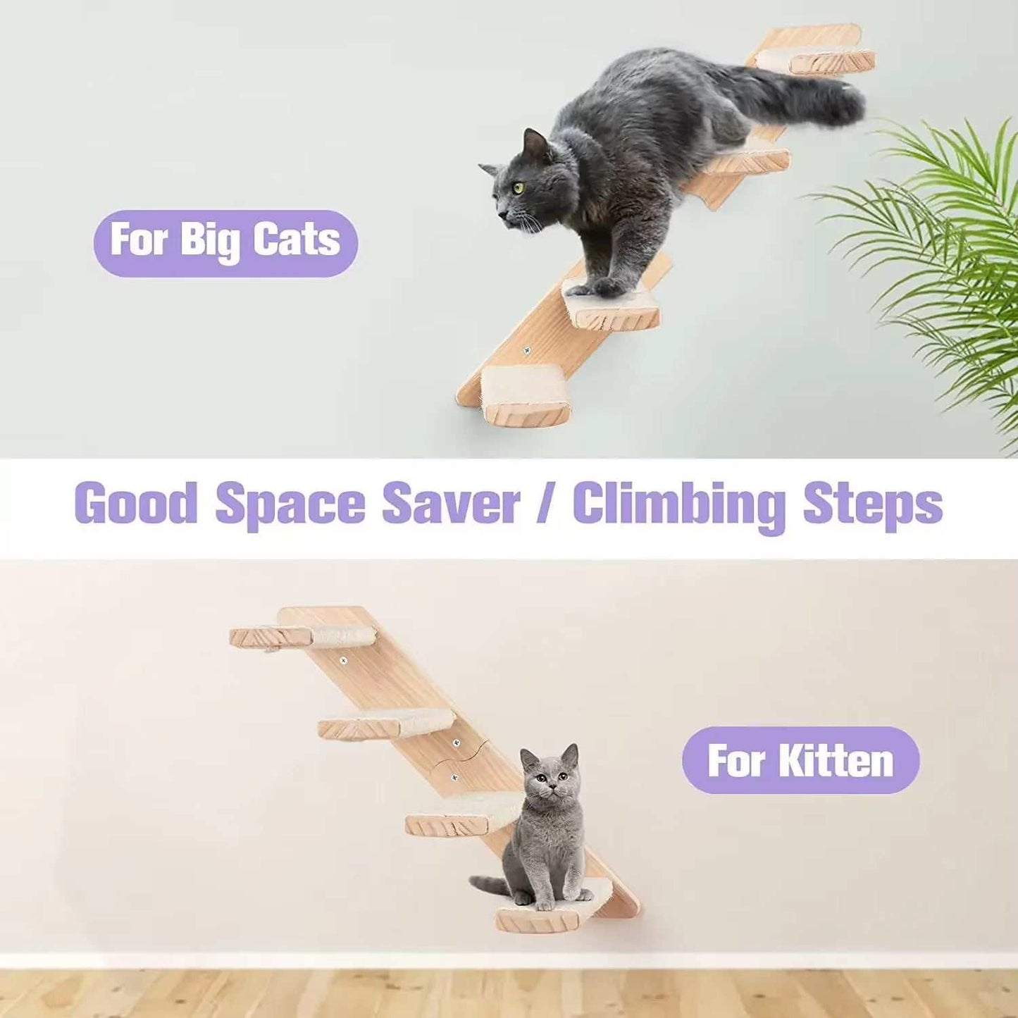 Wall-mounted cat climbing shelf with four-step design for big cats and kittens, featuring durable eco-friendly materials and sisal rope for scratching.