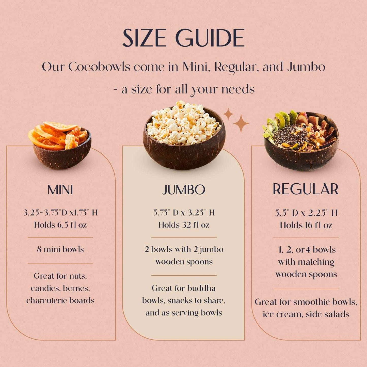 Eco friendly wooden spoons and coconut bowl set size guide with options for mini, regular, and jumbo sizes, showcasing versatility for various meals.