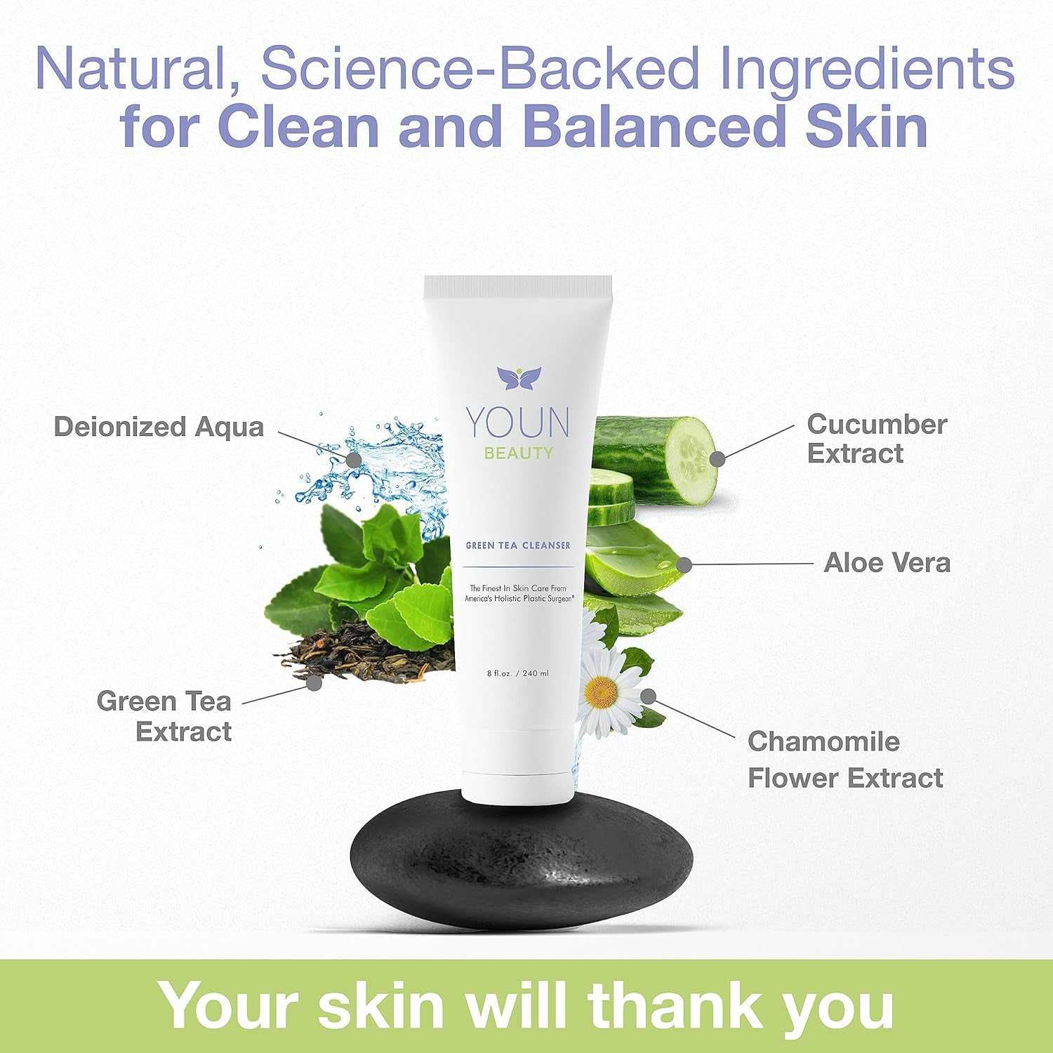 Paraben-free green tea facial cleanser with aloe vera, chamomile, and cucumber extracts for hydrating and soothing all skin types