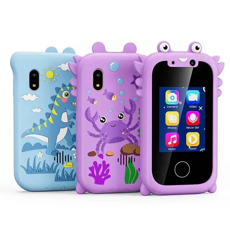 Kids smart phone educational toy with touchscreen, dual cameras, and fun designs.