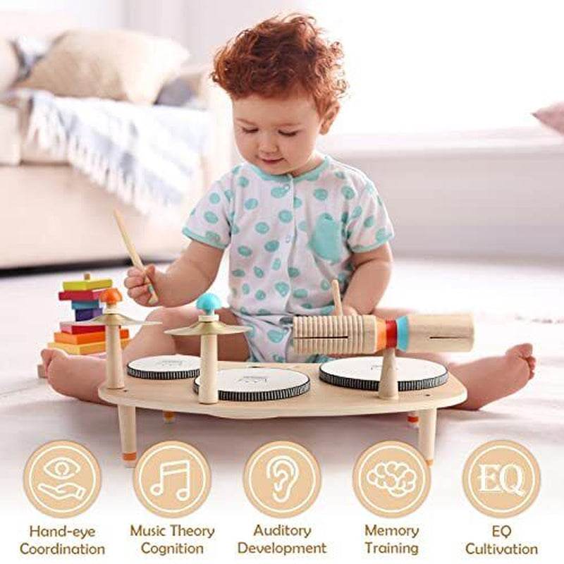 Kids wooden drum set with a toddler playing, designed for ages 1-3, features safe, colorful construction to enhance rhythm, coordination, and creativity.
