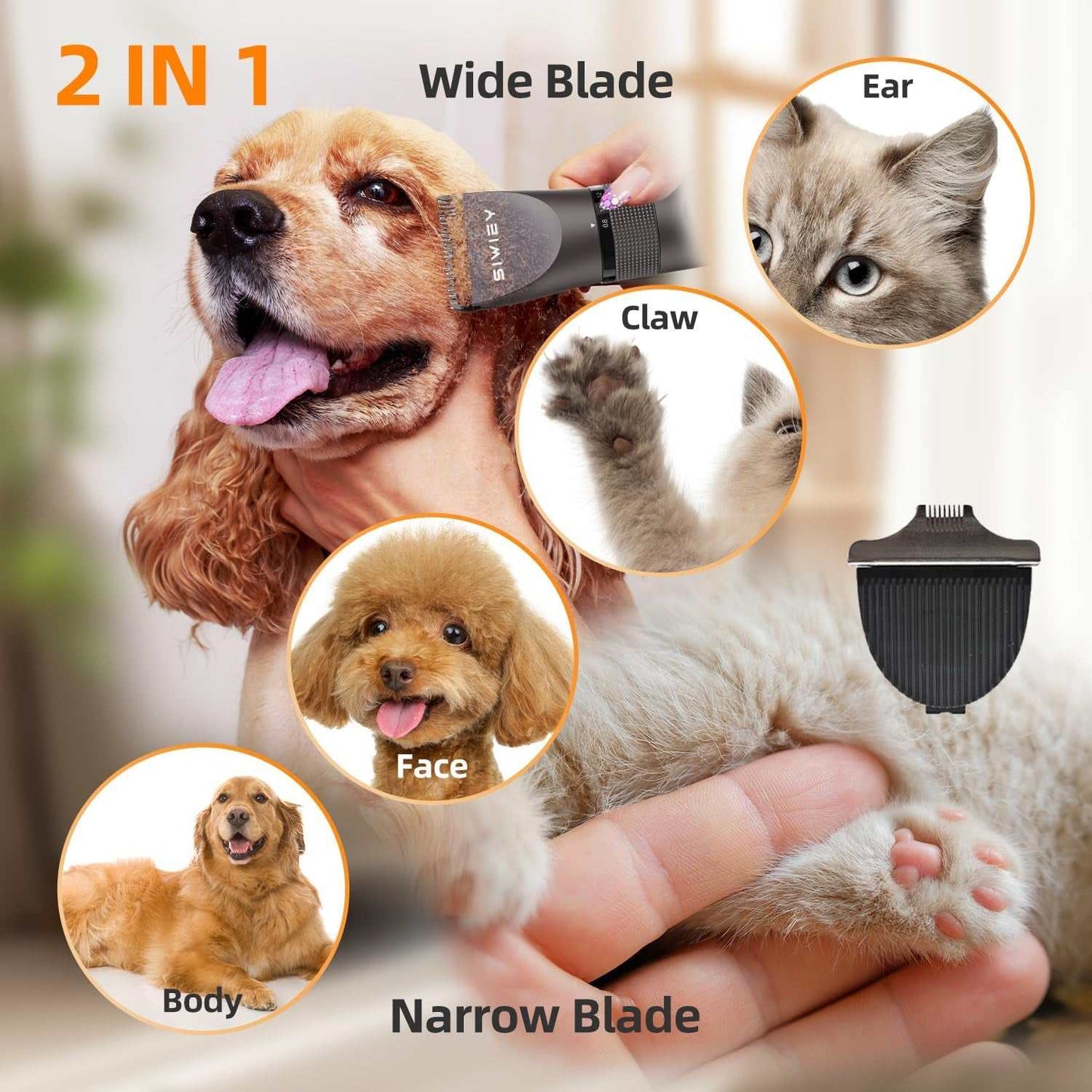 Dog High Power 2 in 1 cordless pet grooming trimmer with wide and narrow blades for dog body, face, ears, and claws, USB rechargeable and quiet operation.