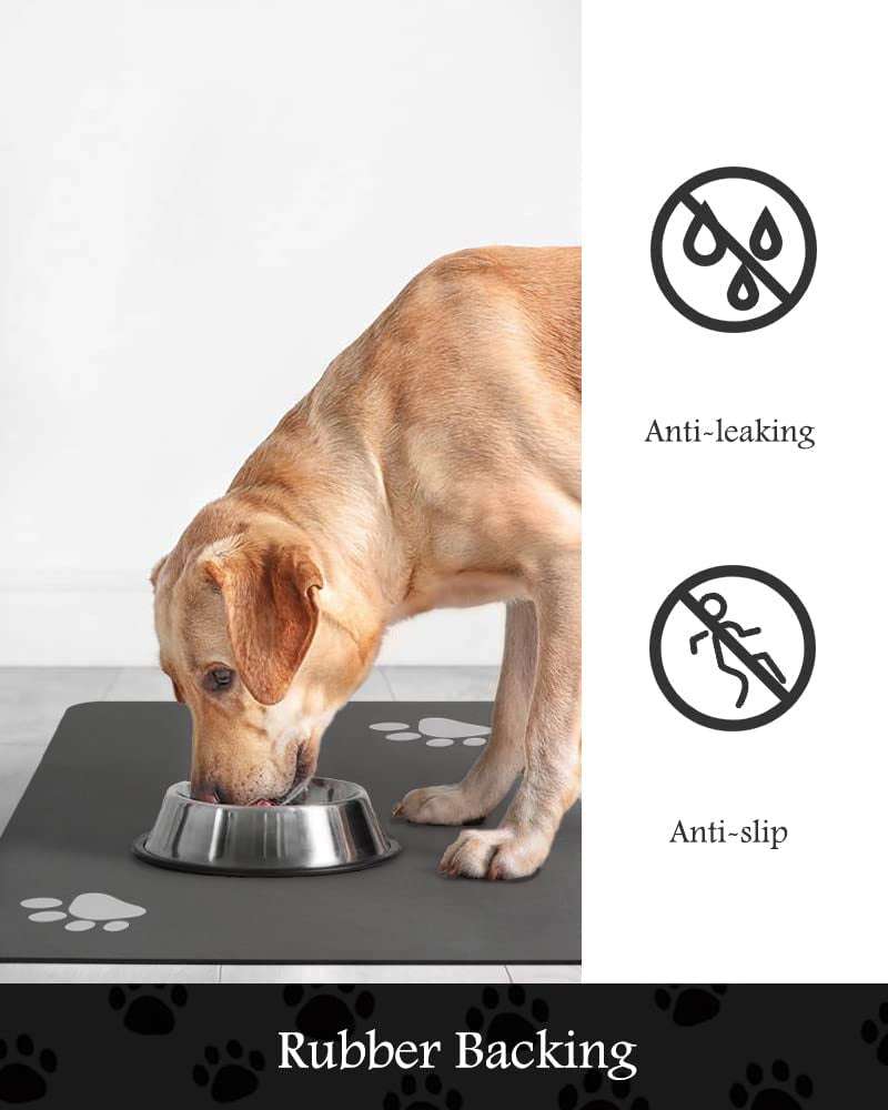 Pet feeding mat with anti-leak and anti-slip rubber backing for absorbent, quick-dry spill protection under food and water bowls.