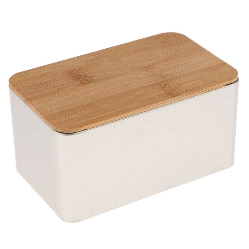 Rectangular kitchen metal storage box with natural bamboo lid for airtight food storage and organization
