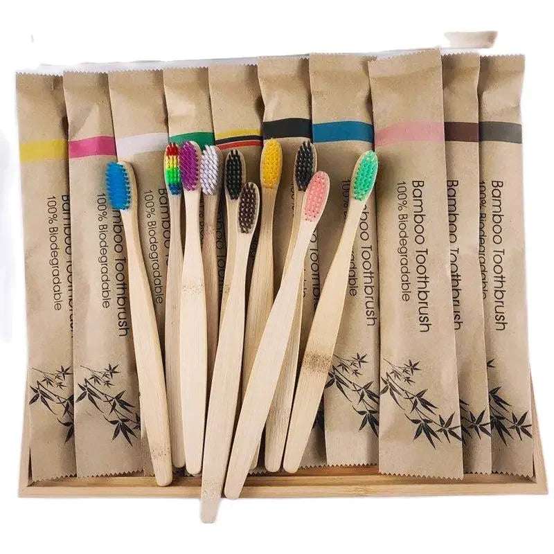 Set of 10 natural bamboo toothbrushes with colorful charcoal-infused soft bristles, eco-friendly and biodegradable.