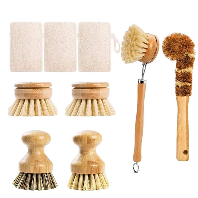 Eco-friendly bamboo cleaning brush set with durable, natural bristles for effective kitchen cleaning.