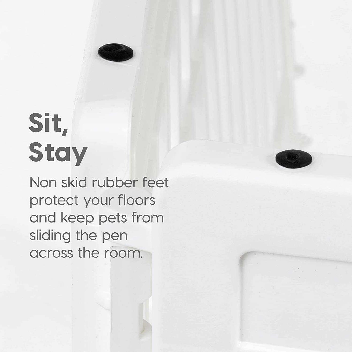 White pet exercise playpen door panel with non-slip rubber feet for secure and stable pet containment