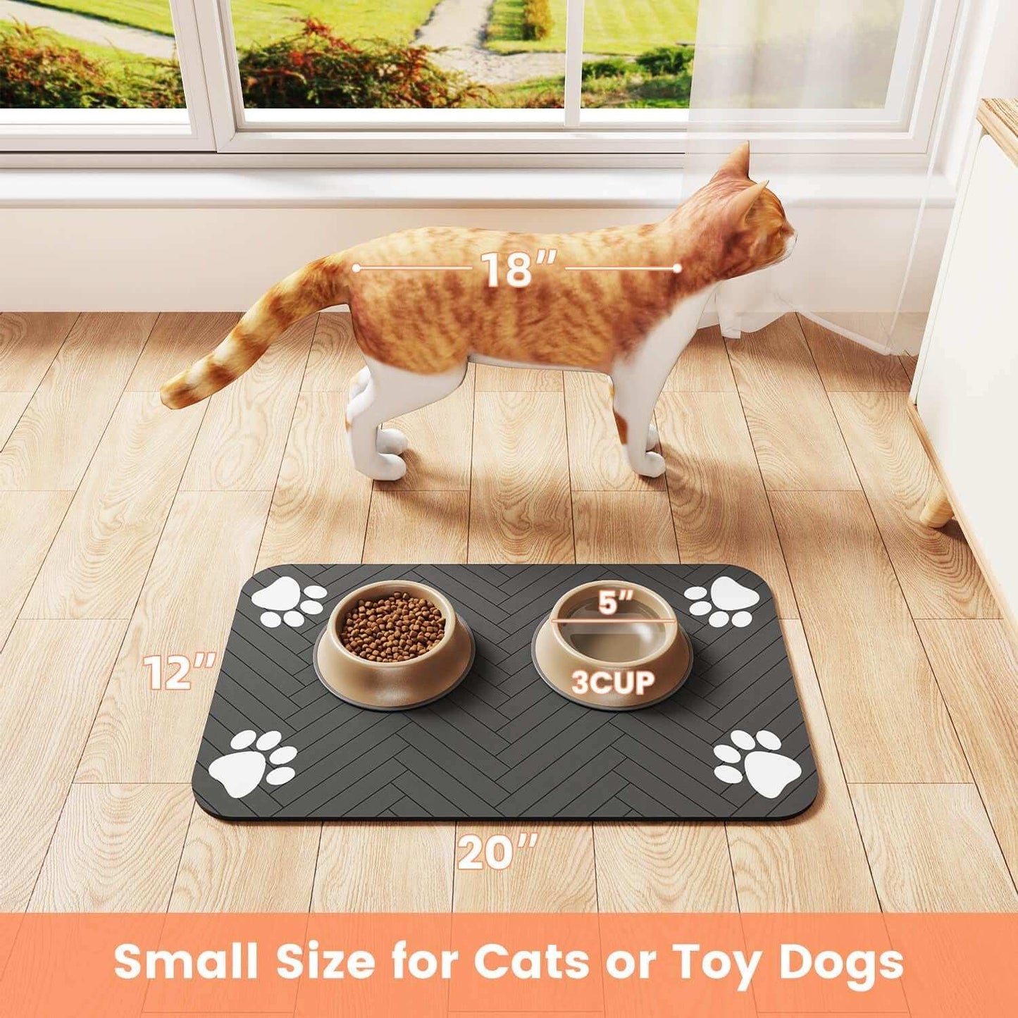 Pet waterproof feeding mat with non-slip backing and paw print design, sized 12x20 inches, suitable for cats or small dogs.