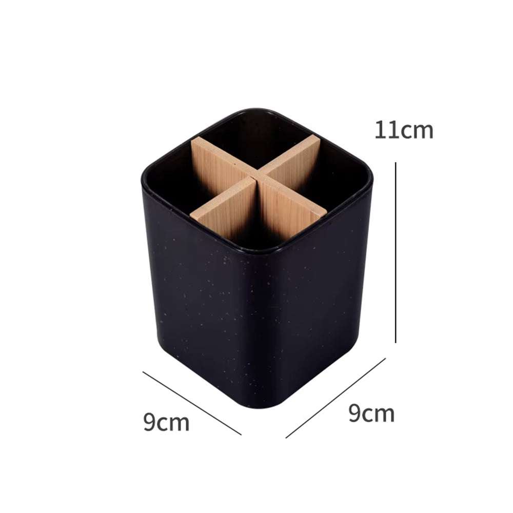 Black square toothbrush holder with bamboo dividers measuring 9cm by 9cm by 11cm for bathroom organization