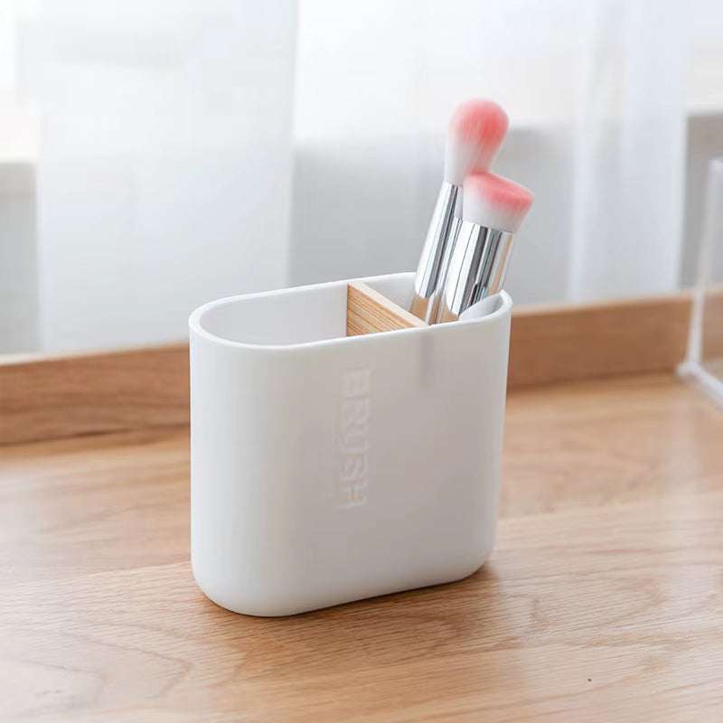 White minimalist toothbrush holder with natural bamboo divider for bathroom decoration