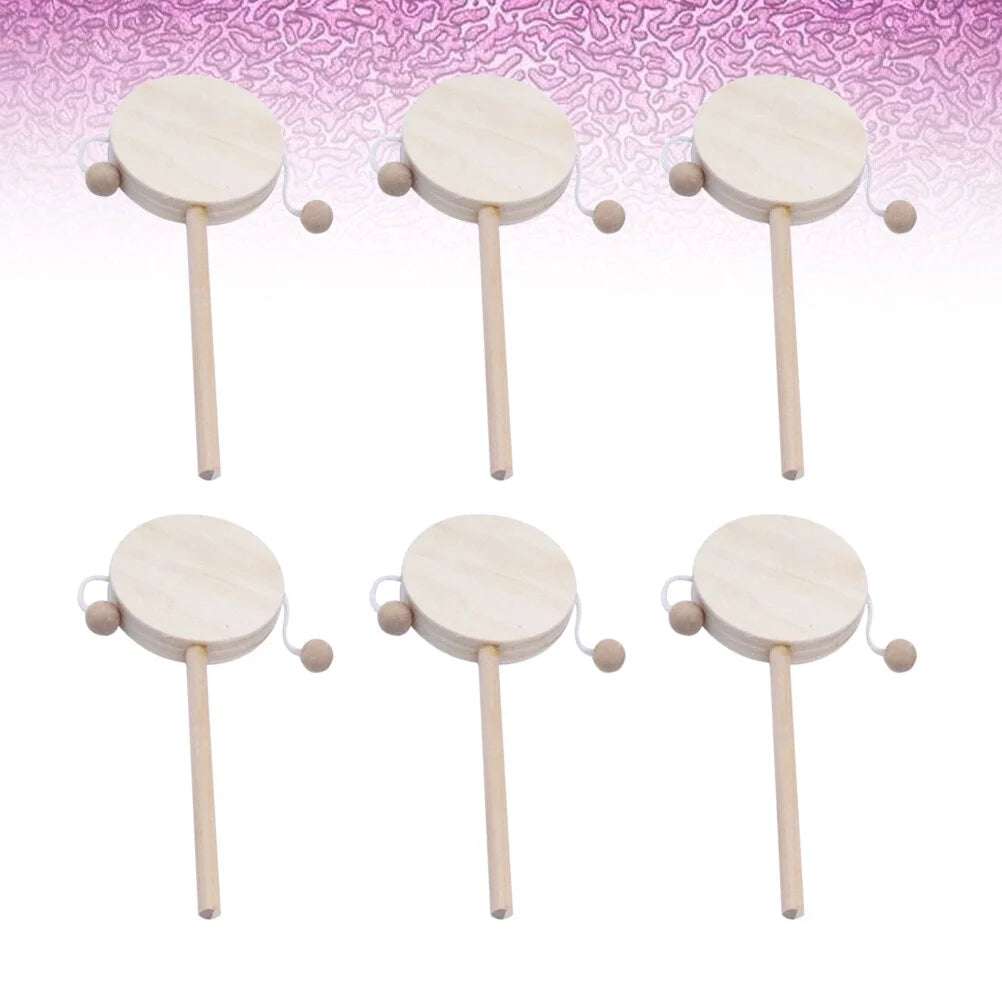DIY Rattle-Drum Wooden Shaking Toy set of six, ideal for creative crafting and musical play.