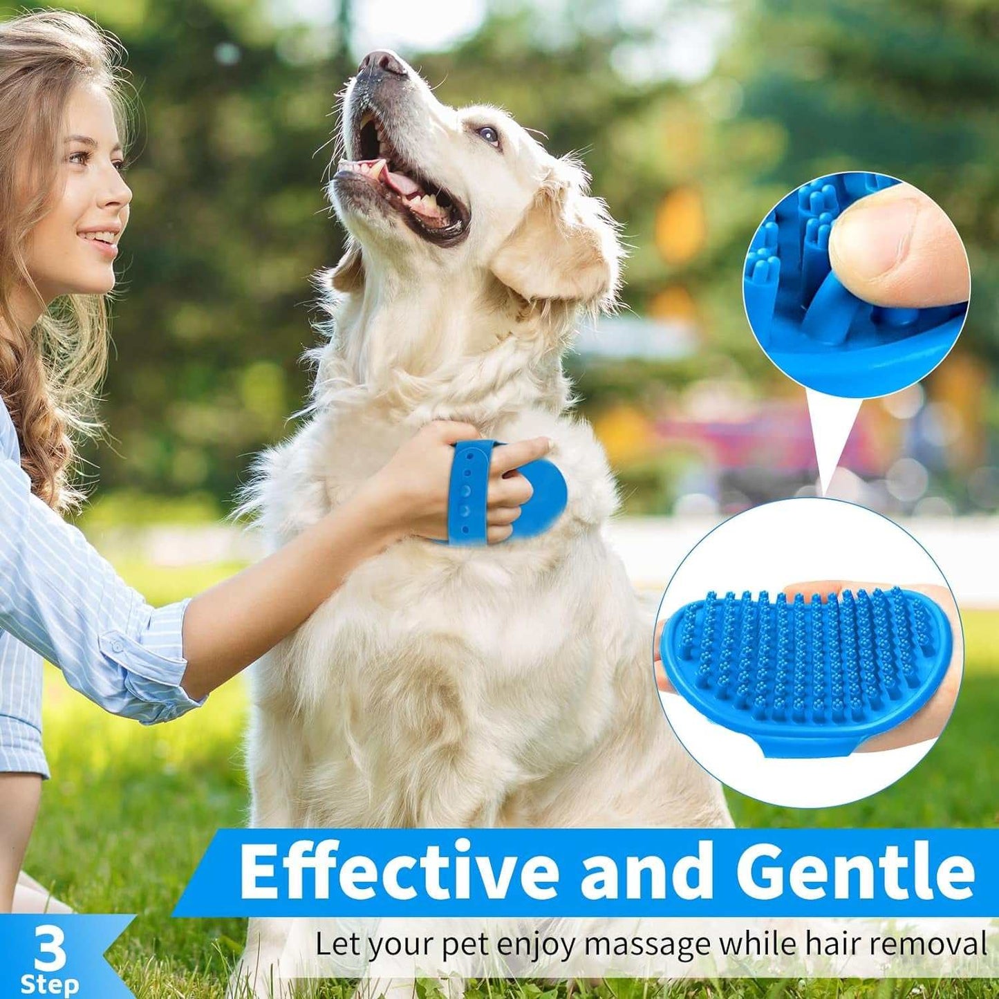 Adjustable ring handle dog bath brush with soft silicone bristles for gentle grooming and shampoo dispensing.