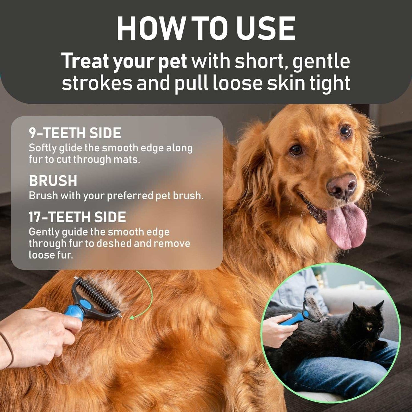 Double-Sided Pet Grooming Rake with 9 and 17 teeth for detangling and deshedding long-haired dogs and cats.