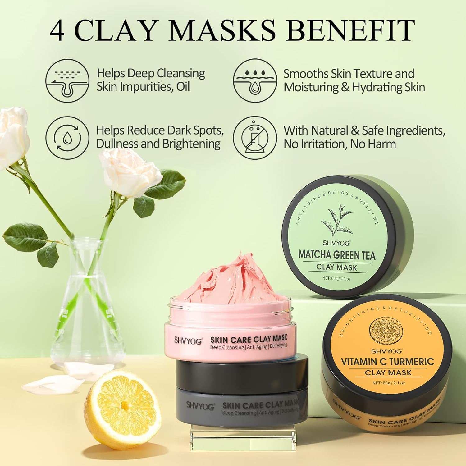 Four Piece Clay Facial Mask Set with Turmeric, Vitamin C, Green Tea, and Dead Sea Mud & Rose; benefits include deep cleansing, hydration, and skin revitalization.