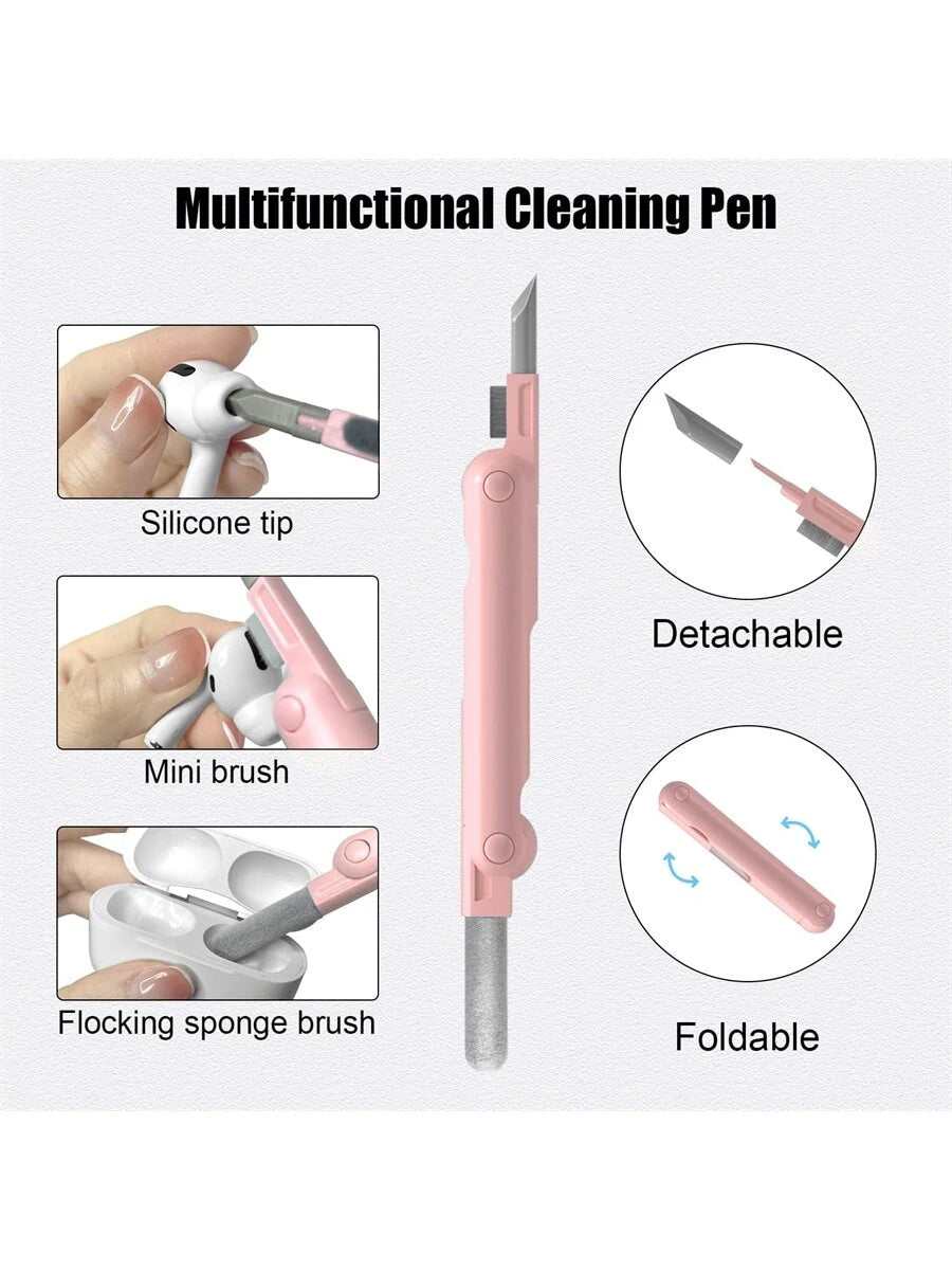 Pink 7-in-1 electronic cleaning kit multifunctional pen with silicone tip, mini brush, detachable blade, and foldable design for headphones and electronics cleaning