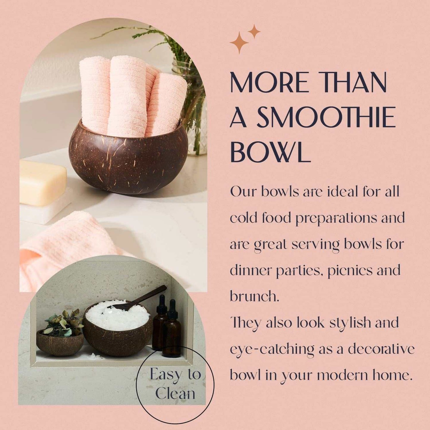 Eco-friendly wooden spoons and coconut bowl set, perfect for serving smoothies and eco-conscious kitchens.