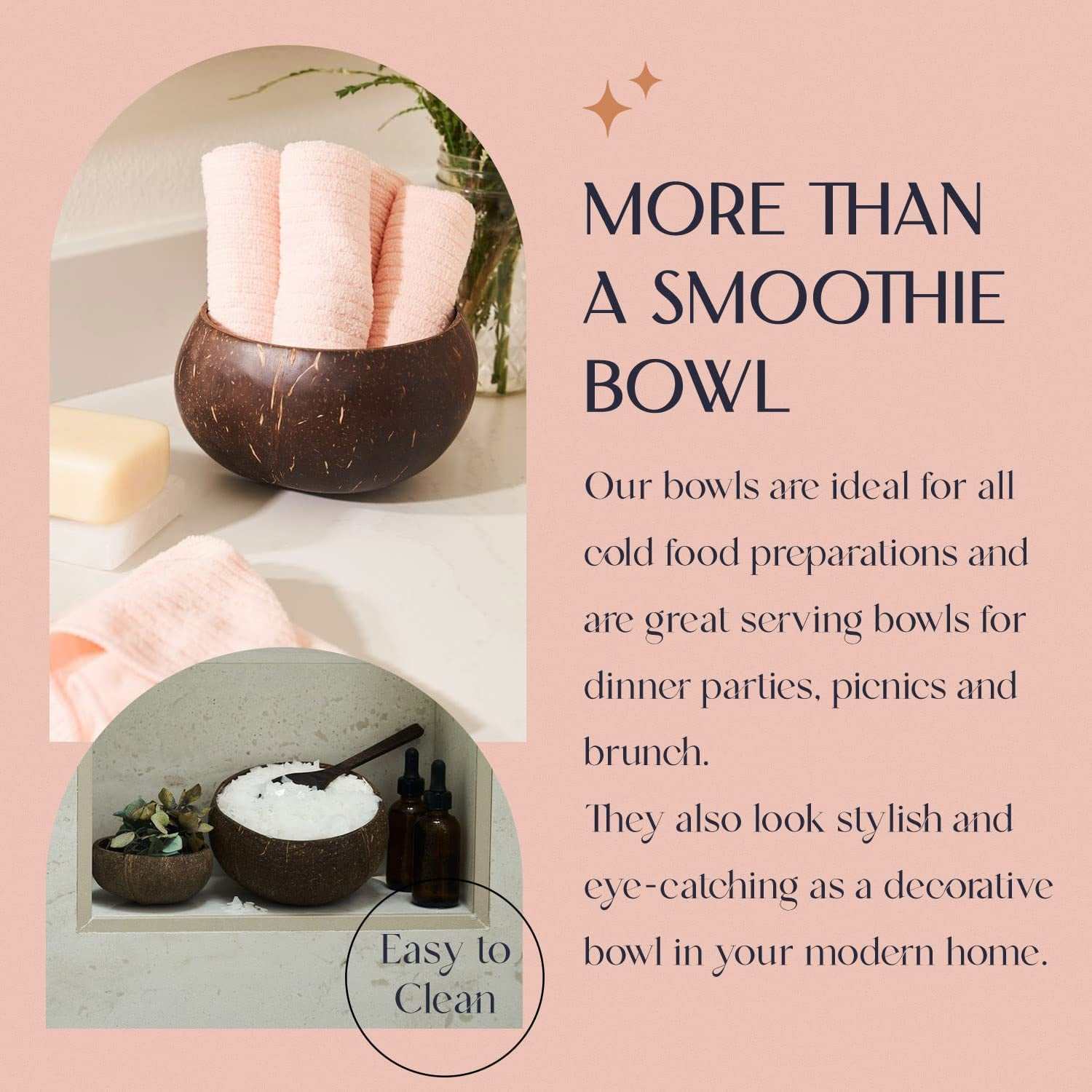 Eco-friendly wooden spoons and coconut bowl set, perfect for serving smoothies and eco-conscious kitchens.