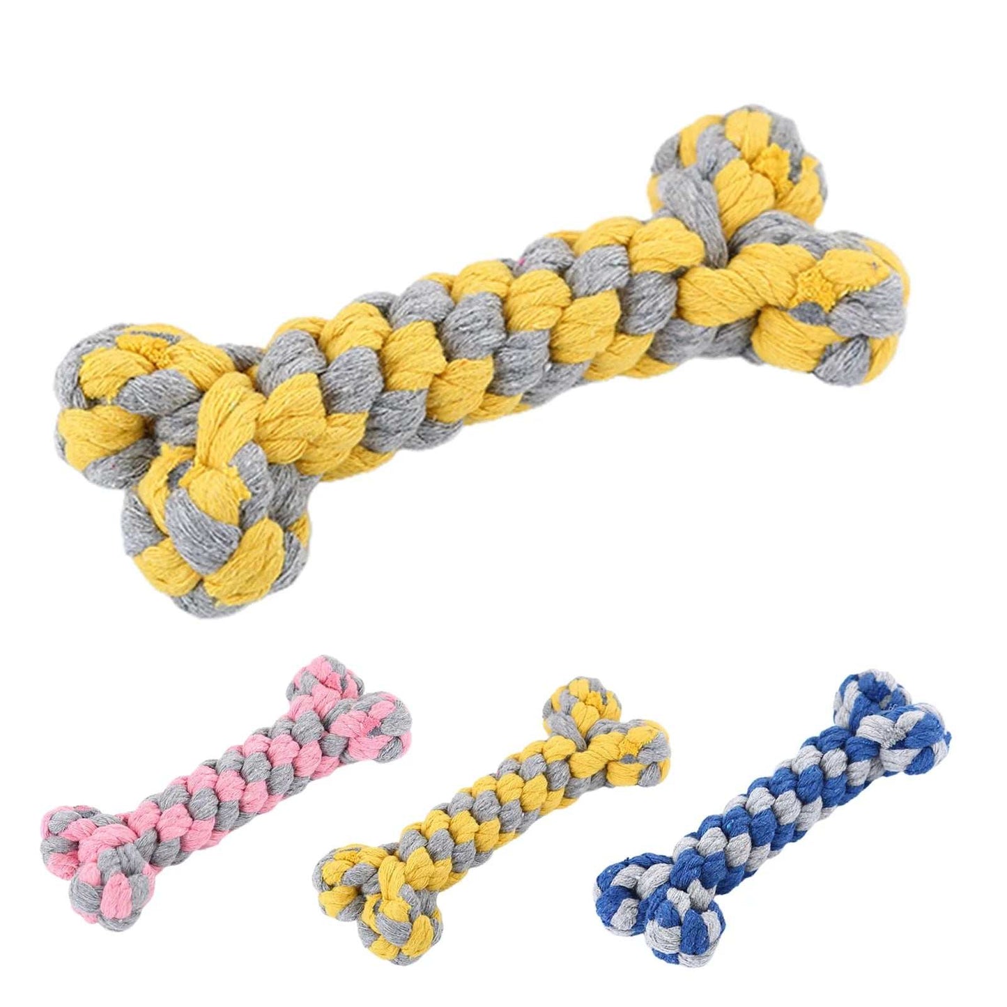 Durable dog rope chewing toy in assorted colors, designed for strong chewers, dental health, and interactive play.