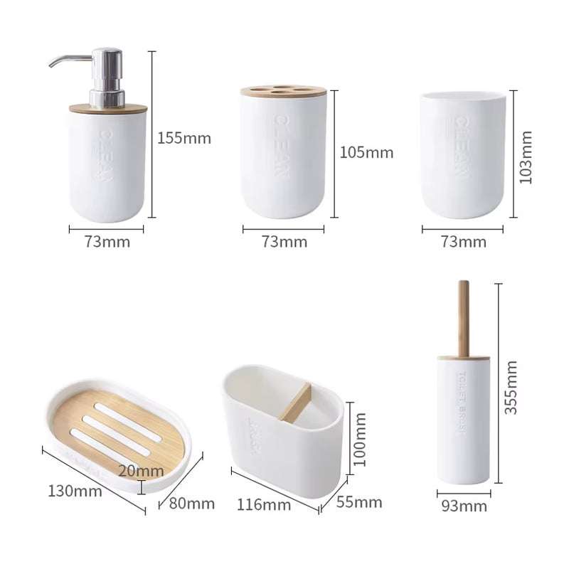 Bamboo bathroom decoration set including toothbrush holder, soap dispenser, toilet brush, soap dish, and organizer with minimalist design.