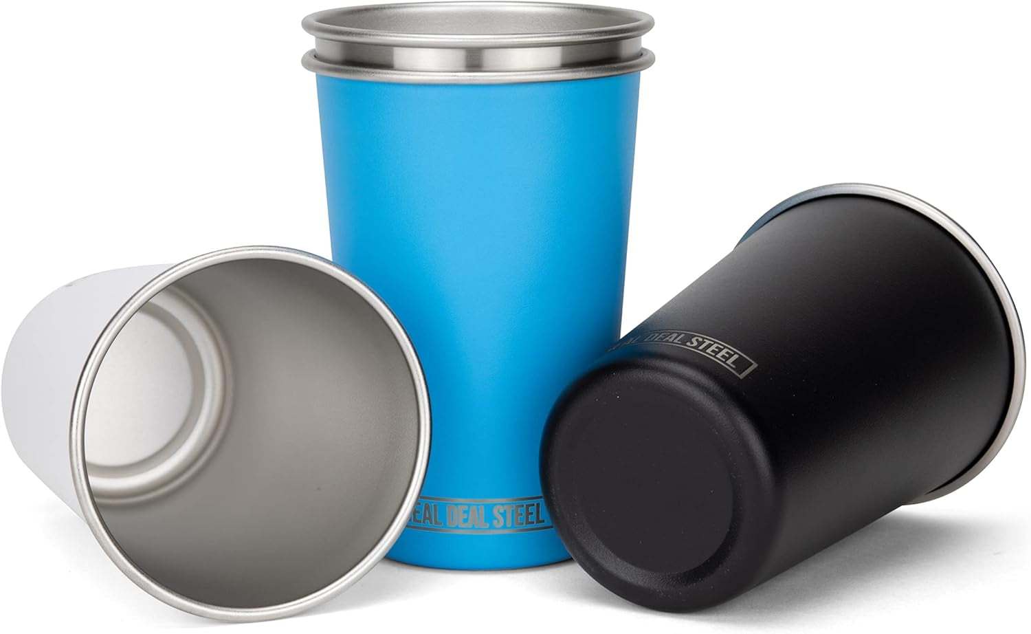Eco-friendly premium metal drinking glasses in multiple colors, featuring a sleek stackable design.
