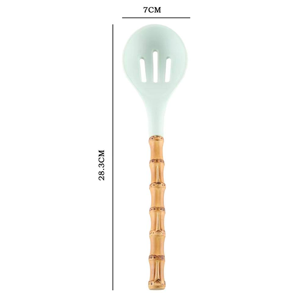 Bamboo kitchenware root kitchen utensil with silicone head, featuring ergonomic design for non-stick cookware.