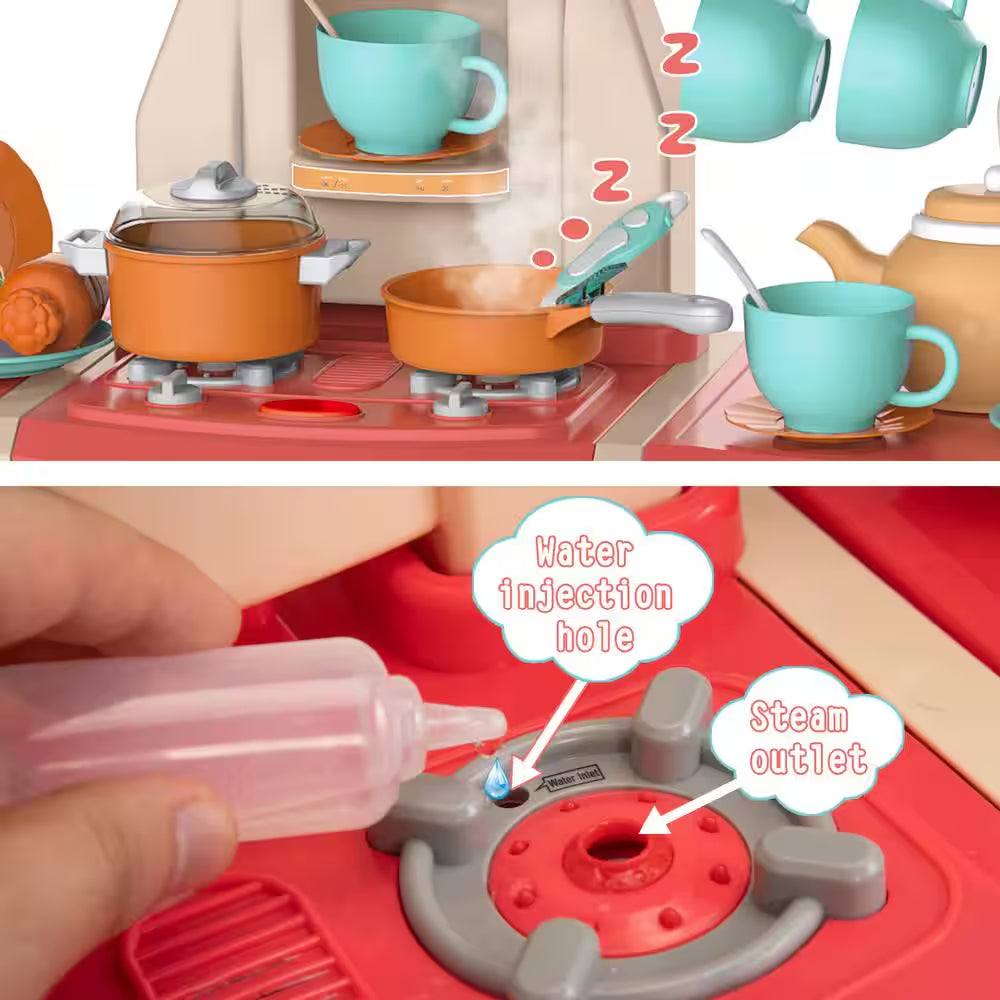 Kids kitchen playset with realistic cooking accessories, featuring a pink design and water injection hole for pretend play.