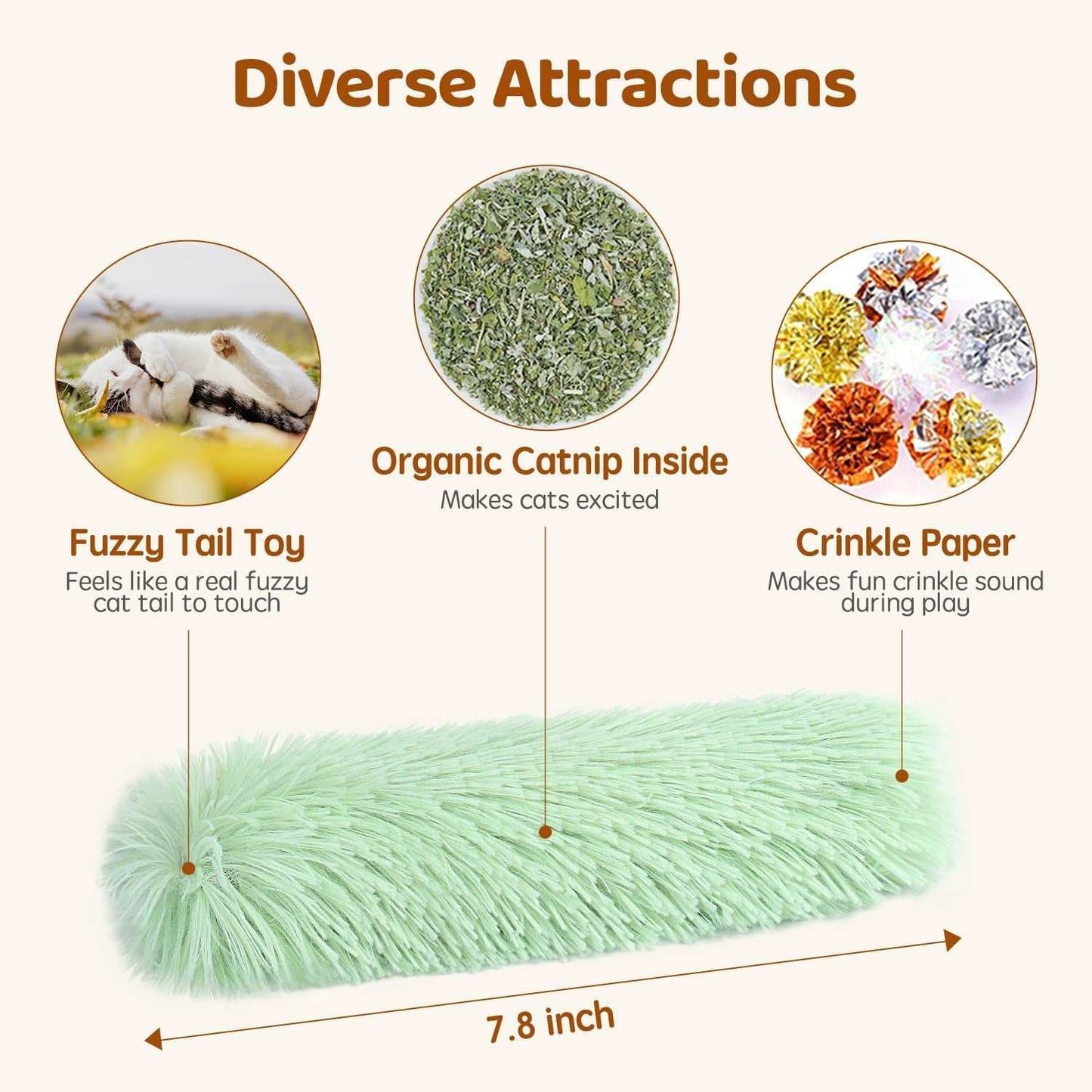 Catnip cat toy with fuzzy tail, organic catnip inside, and crinkle paper for playful fun and sensory stimulation, measuring 7.8 inches.