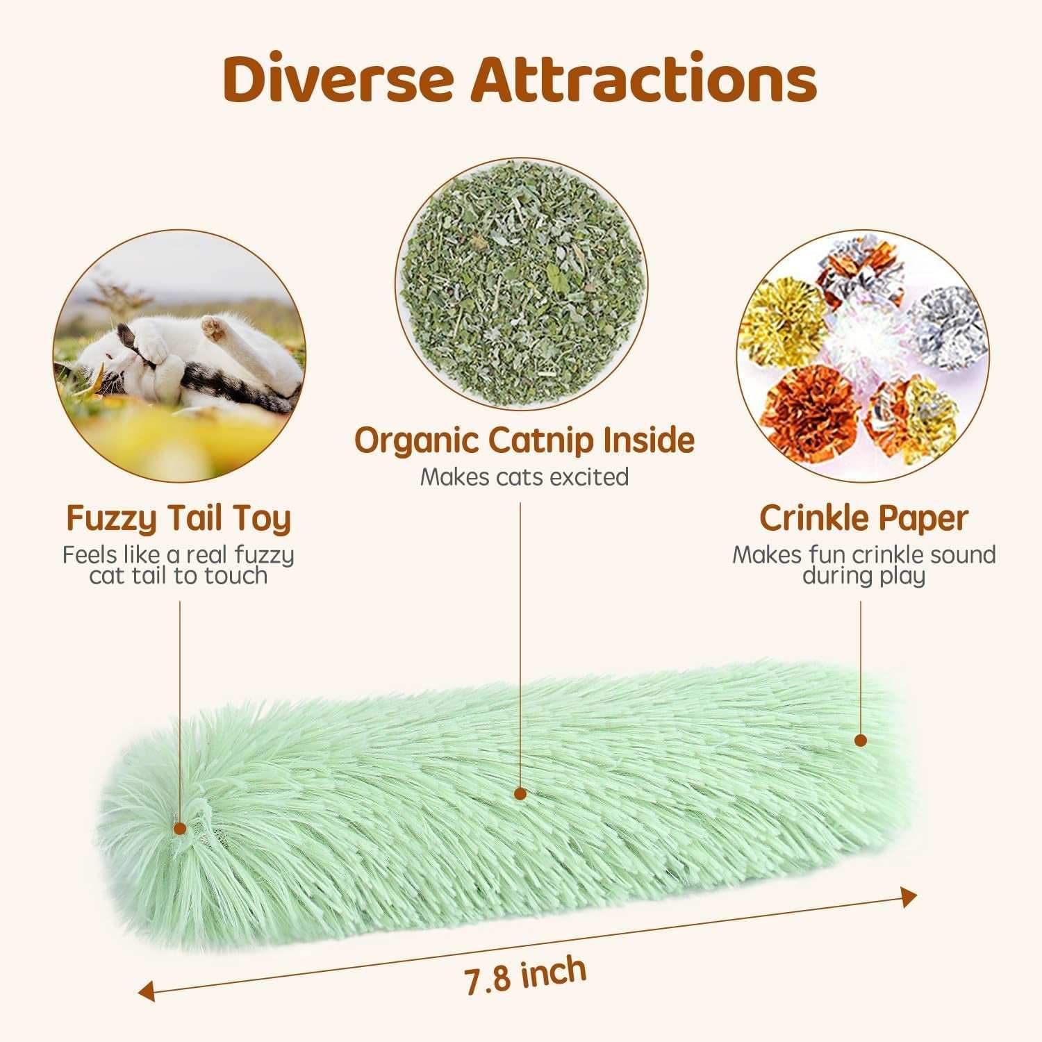 Catnip cat toy with fuzzy tail, organic catnip inside, and crinkle paper for playful fun and sensory stimulation, measuring 7.8 inches.