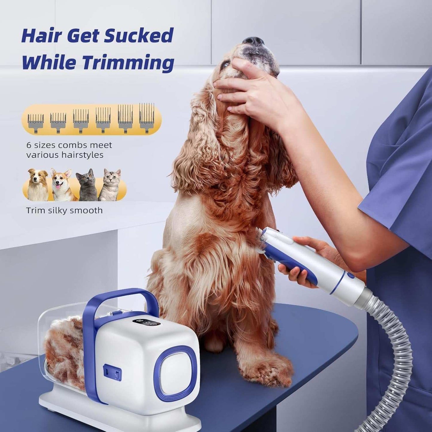 Pet Grooming Vacuum Kit with low-noise clipper, shedding brush, and vacuum function grooming a dog on a table.