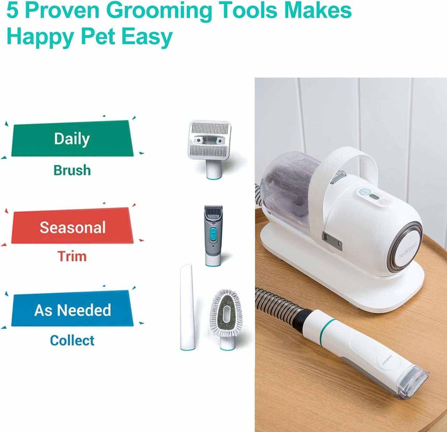 Pet grooming vacuum with five grooming tools including clippers, brushes, and vacuum suction for effective hair removal and grooming.
