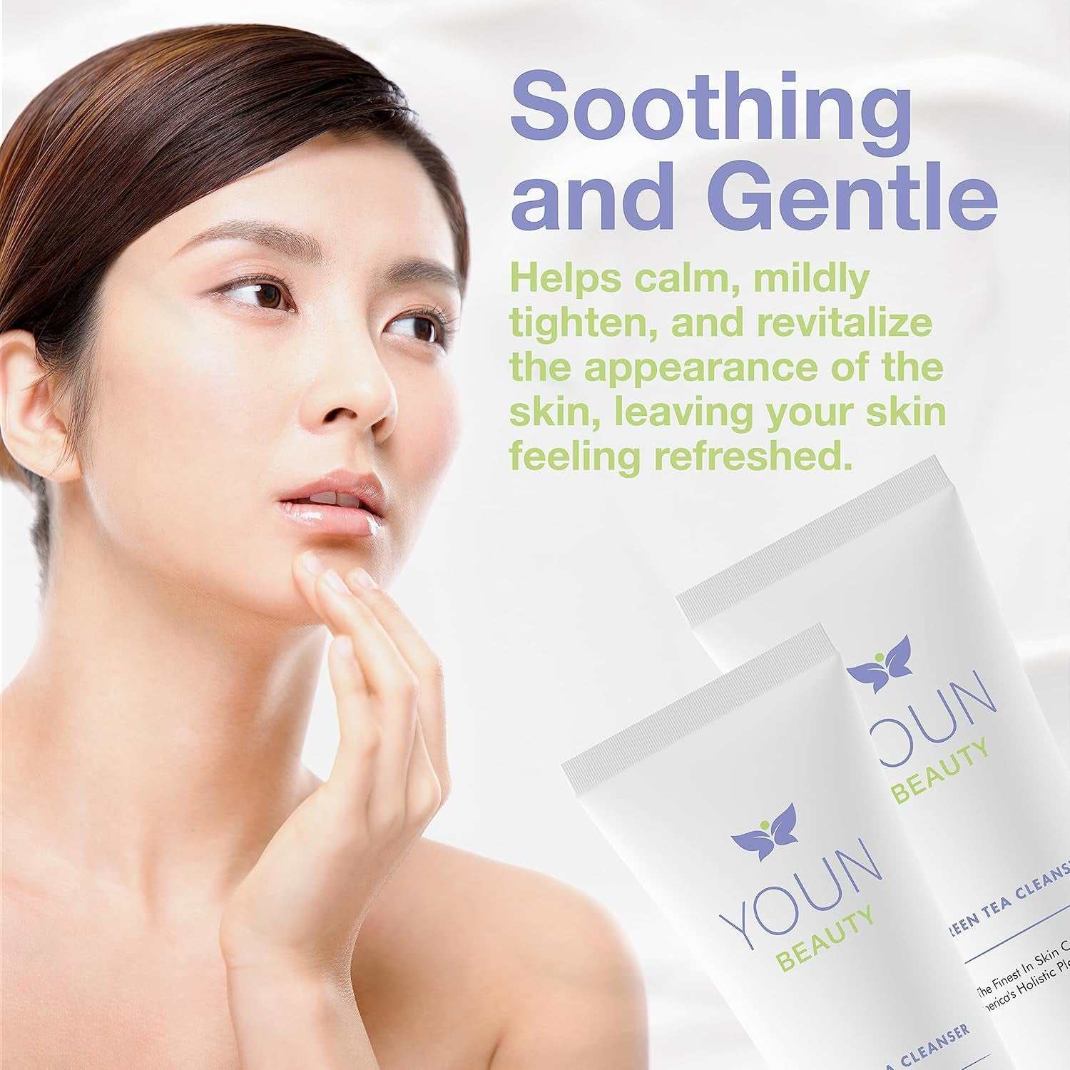 Paraben-free facial cleanser with green tea, aloe vera, chamomile, and cucumber for soothing, hydrating, and gentle skin care.