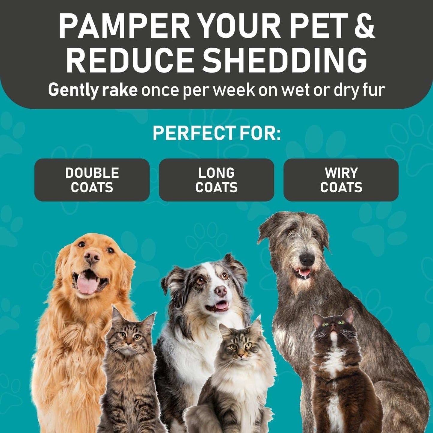 Double-sided pet grooming rake ideal for deshedding and dematting long-haired dogs and cats with ergonomic grip and fine and thick teeth.