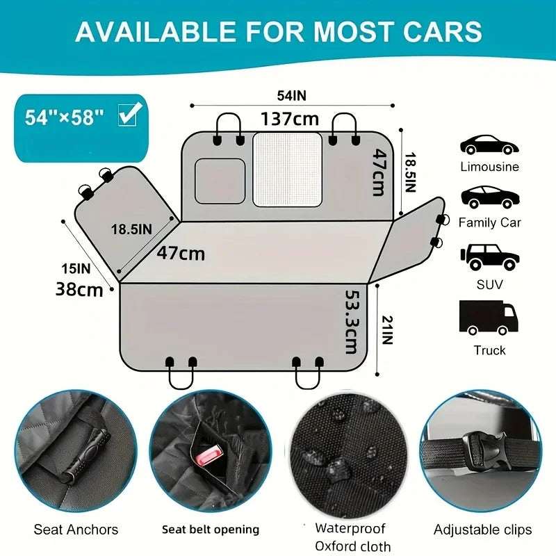 Dog waterproof scratch-resistant hammock car seat cover with universal fit, adjustable clips, seat anchors, and seat belt openings for SUVs, trucks, and family cars.