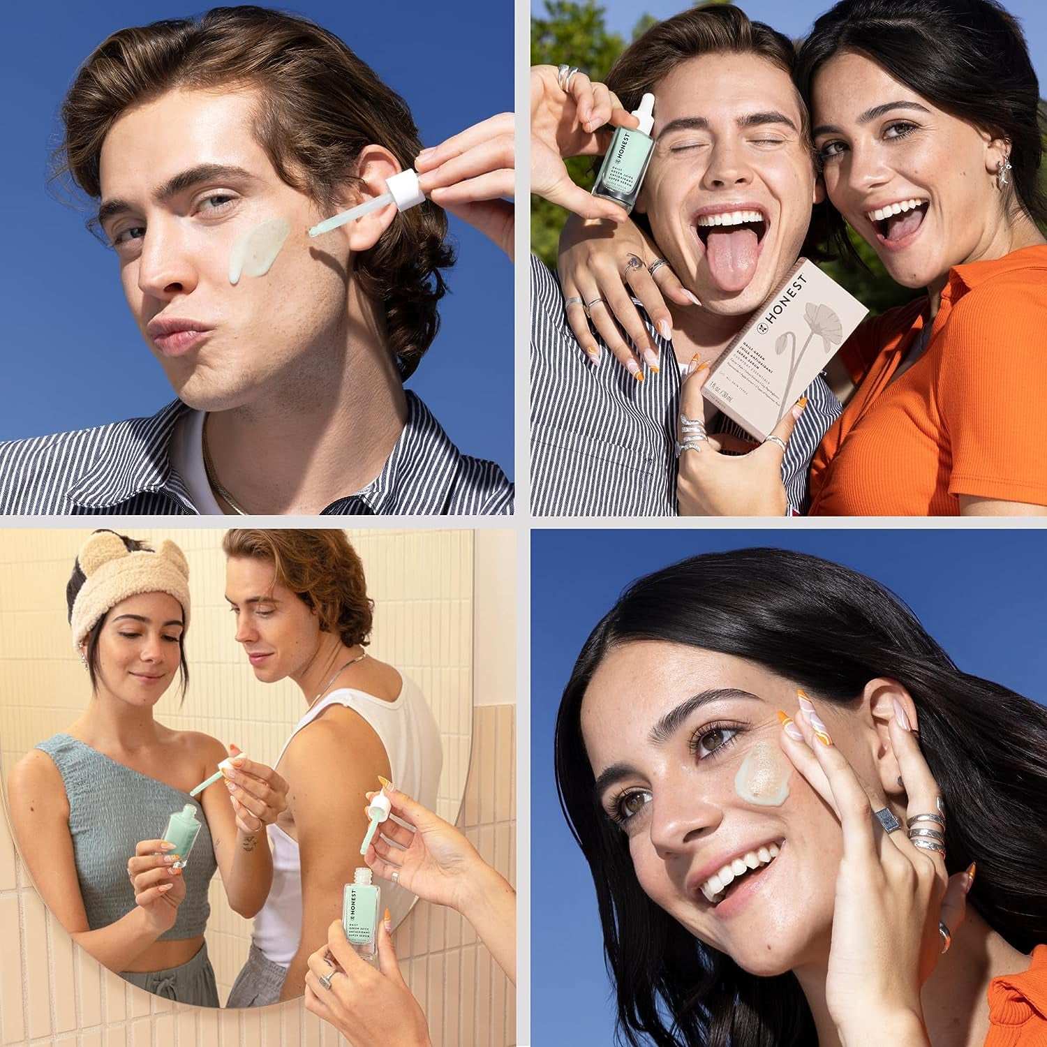 Vegan, cruelty-free antioxidant super serum applied to face; hydrating and brightening skincare.